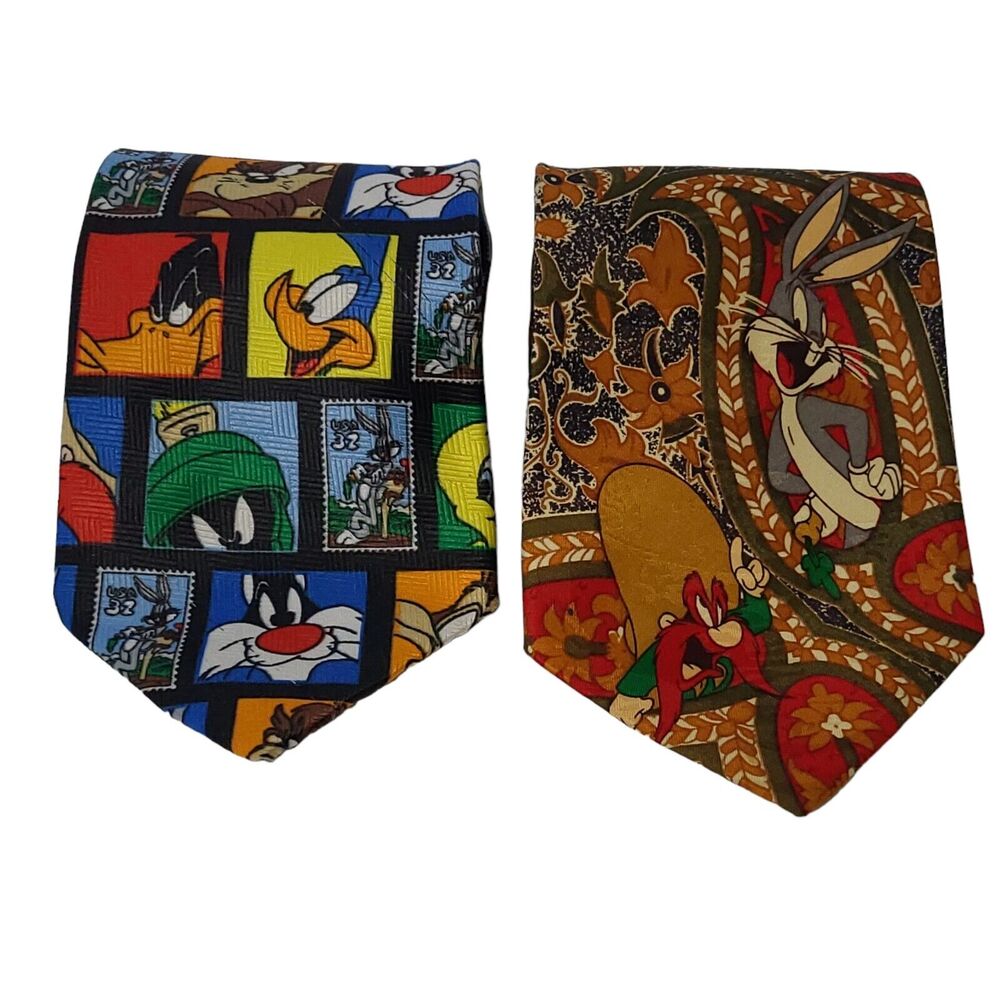 Vintage Set of 2 Looney Tunes Men's Neckties 1993 Bugs Bunny Daffy‎ Duck, Taz